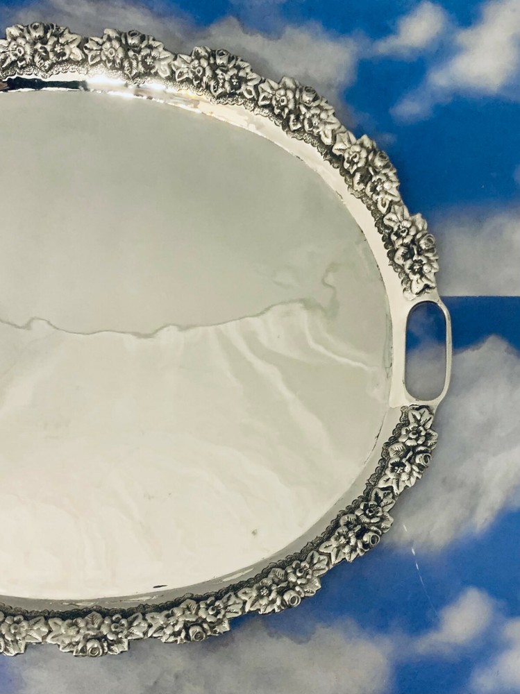 SOLID 925 STERLING SILVER OVAL MOTIF FLORAL TRAY / PLATTER
