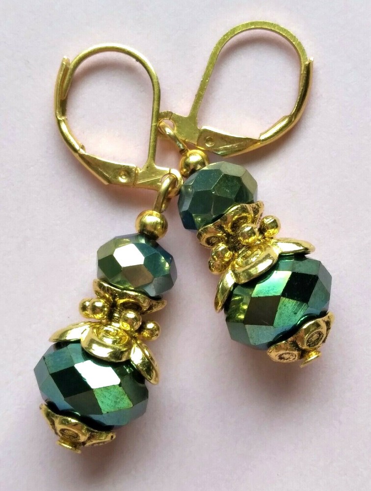 HUNTER GREEN double crystal earring GP LEVERBACK artisan