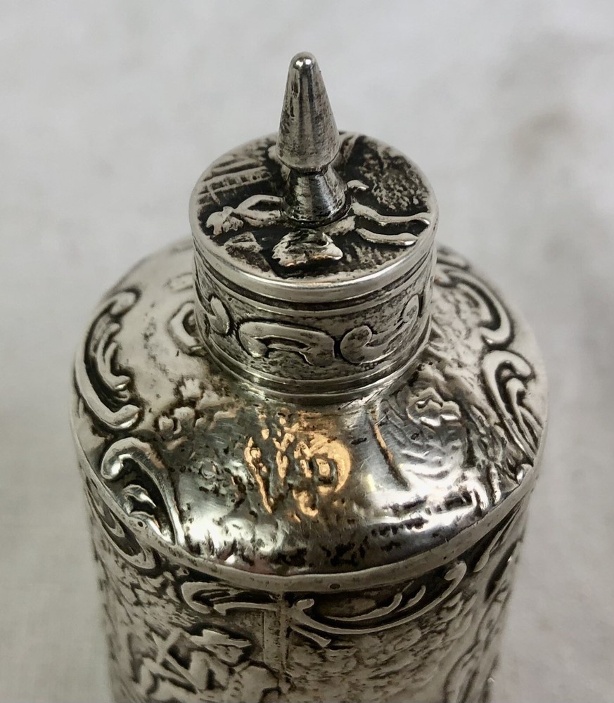 ANTIQUE SOLID SILVER MINIATURE TEA CADDY, REPOUSSE, DUTCH / ENGLISH, VICTORIAN