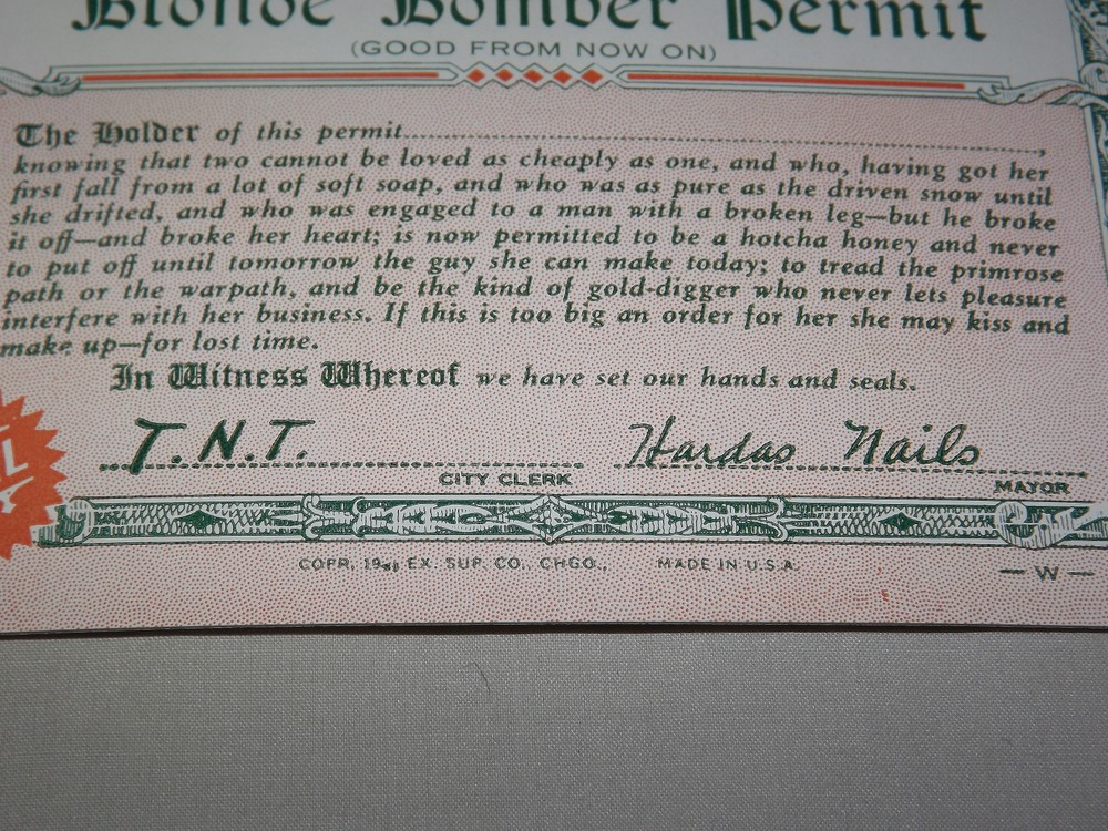 VINTAGE 1941 WEIRD CERTIFICATE BLOND BOMBER PERMIT PERMIT