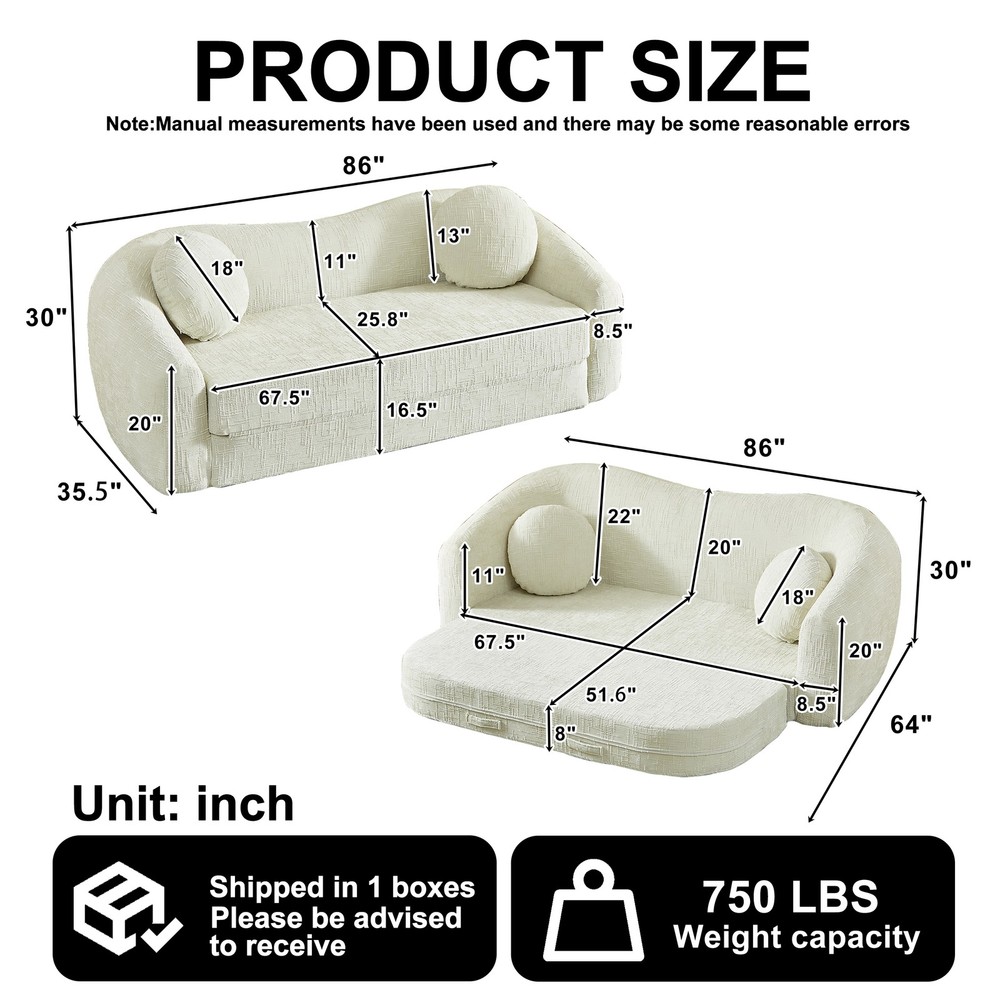 Curved Convertible Sofa Bed Folding Recliner Chenille Beige Sleeper