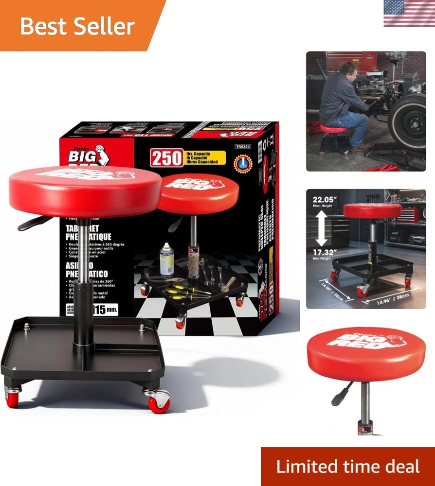 Comfortable Garage Rolling Seat with Tool Tray - Pneumatic Height Adjustable