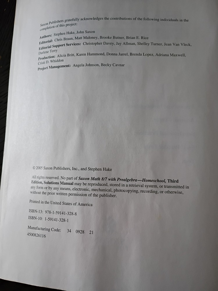 Saxon Math 8/7 Solutions Manual 3rd Edition 2005 Paperback Textbook