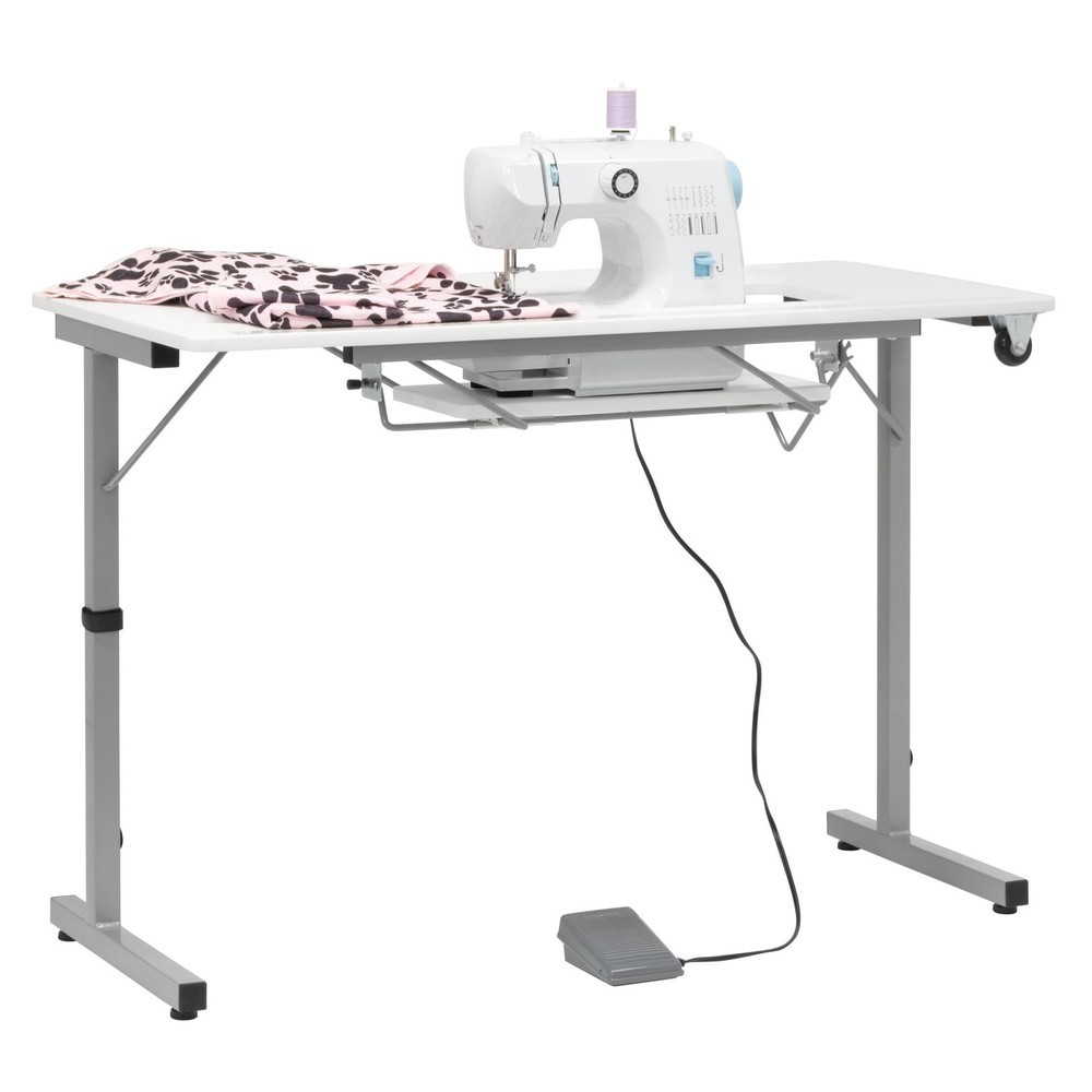 Folding Sewing Table with Adjustable Shelf and Wheels for Easy Mobility
