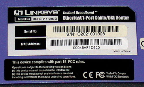 LINKSYS ETHERFAST CABLE/DSL ROUTER MODEL BEFSR11