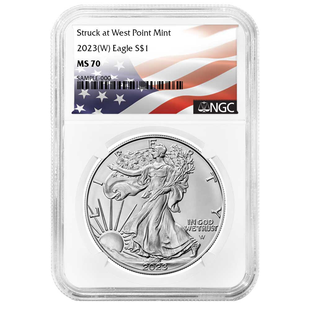 2023 (W) $1 American Silver Eagle 3pc Set NGC MS70 Flag Label Red White Blue