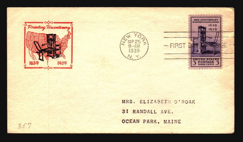 US SC# 857 FDC / Red Map & Press Cachet / Single - Z20432