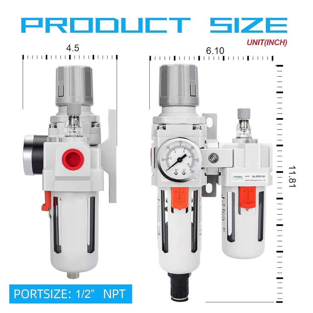 Efficient 1/2" NPT Air Filter Regulator Lubricator Combo with Gauge & Bracket