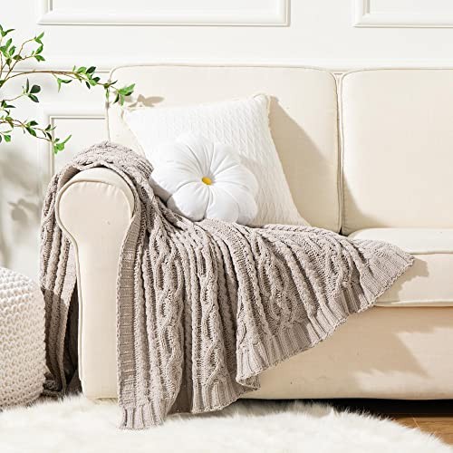 Light Grey Throw Blanket for Couch, Woven Chenille Knit Throw Blanket Cream