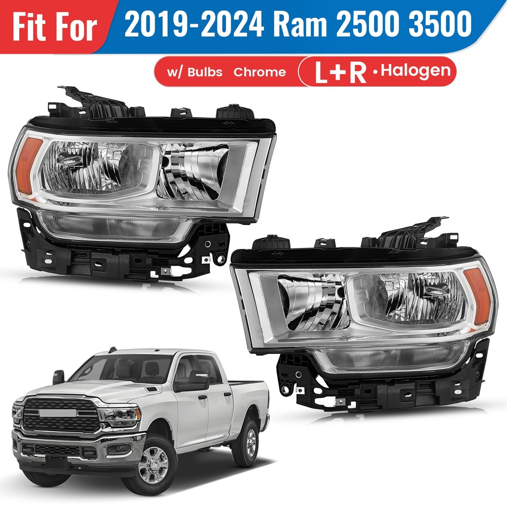 For 2019-2024 Ram 2500 3500 Halogen Headlight w/ Chrome Bezel Left+Right Pair