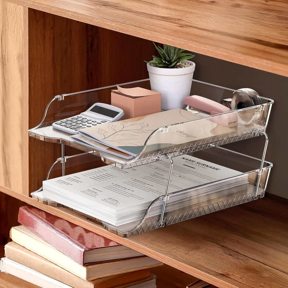 Simple Houseware 2-Tier Clear Stackable Letter Tray Organizer – Desktop File Hol