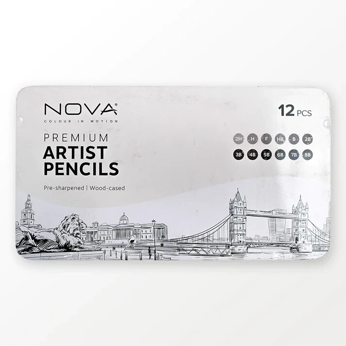 Premium Artist Graded Sketching Pencils Pre Sharpened Protective Tin NOVA