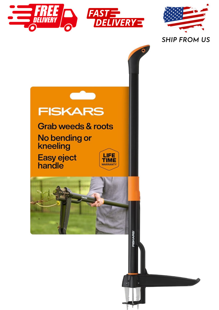 Fiskars 4-Claw Stand Up Weed Puller Tool, Gardening Hand Weeding Tool with 39" L