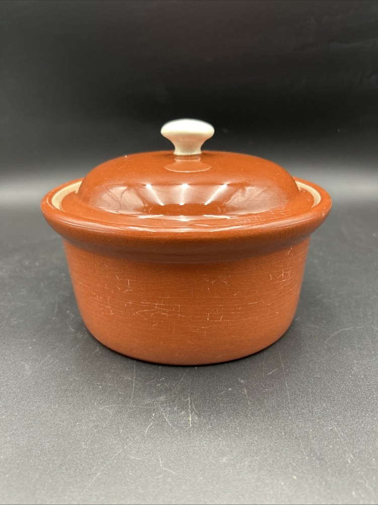 Ceramic Covered Baking Dish, Red/Brown Glaze, White Inside & Accent