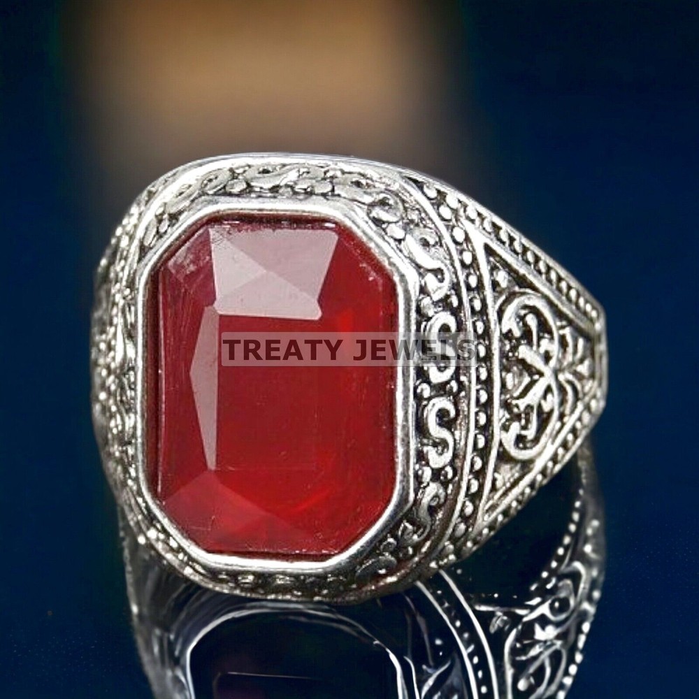Ruby Emerald Cut Gemstone With 14K Solid White Gold Ring For Men's #988