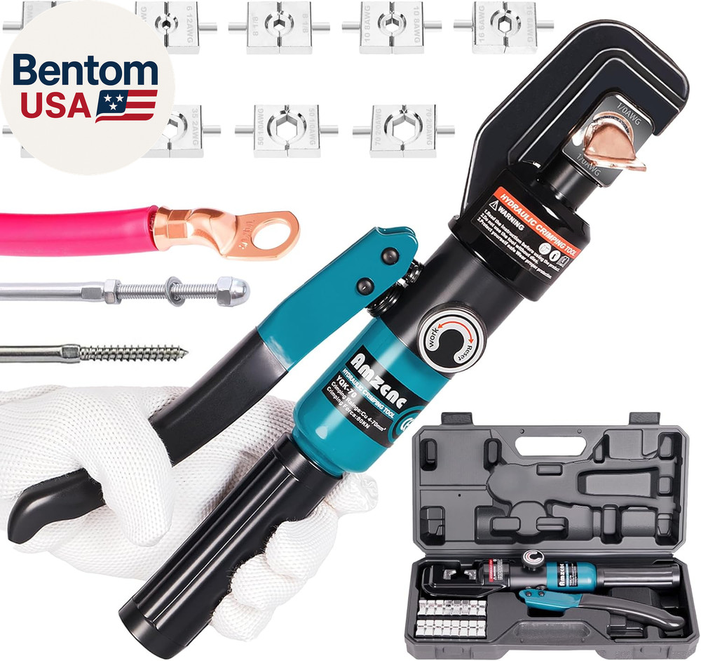 10 Ton Hydraulic Battery Cable Crimper – Single-Hand Return, 9 Hex Dies for 12-2