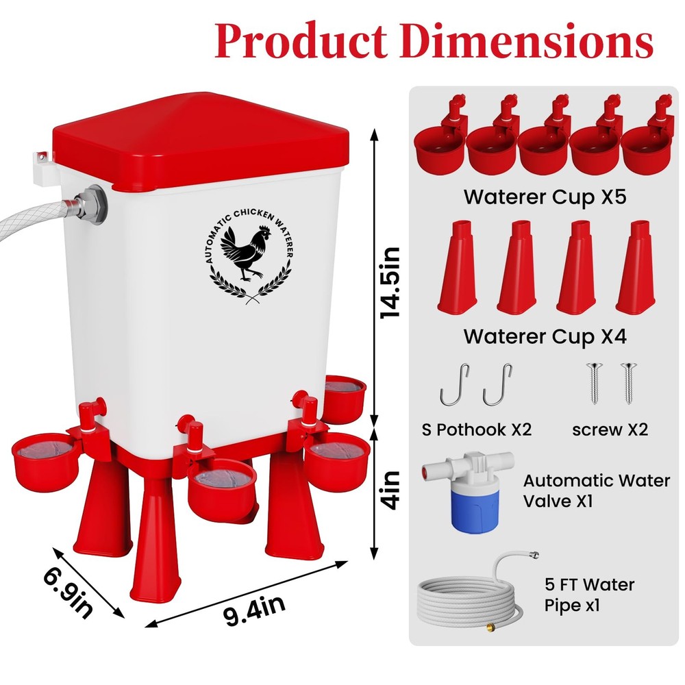 Chicken Waterer, 3 Gallons Automatic Chicken Waterers with 5ft Pipe, Float Co...