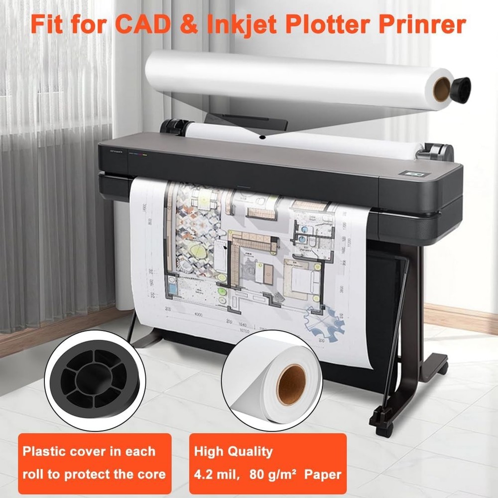 Wide Format Plotter Paper 24" x 150' 20LB Inkjet Bond Rolls 2" Core 1-4 Rolls