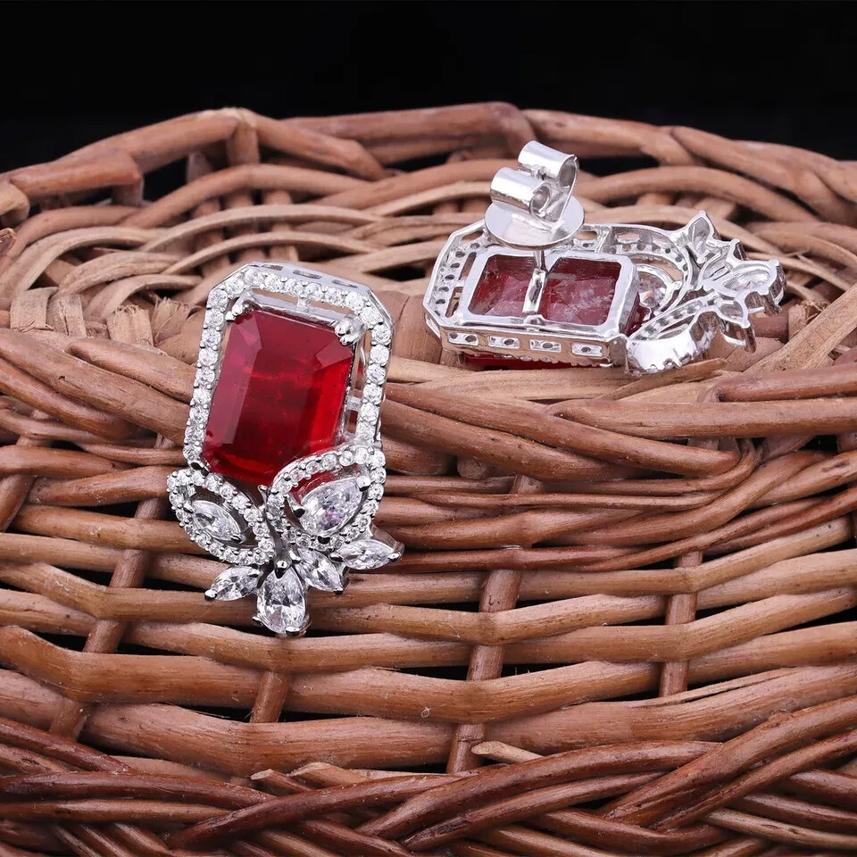 2Ct Simulated Red Ruby 14K White Gold Plated Emerald Cut Women's Stud Earring