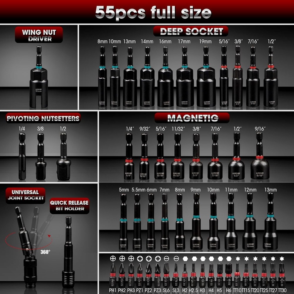 Magnetic Impact Nut Driver Set 55PCS 1/4 socket set with Deep Driver Bit Sets