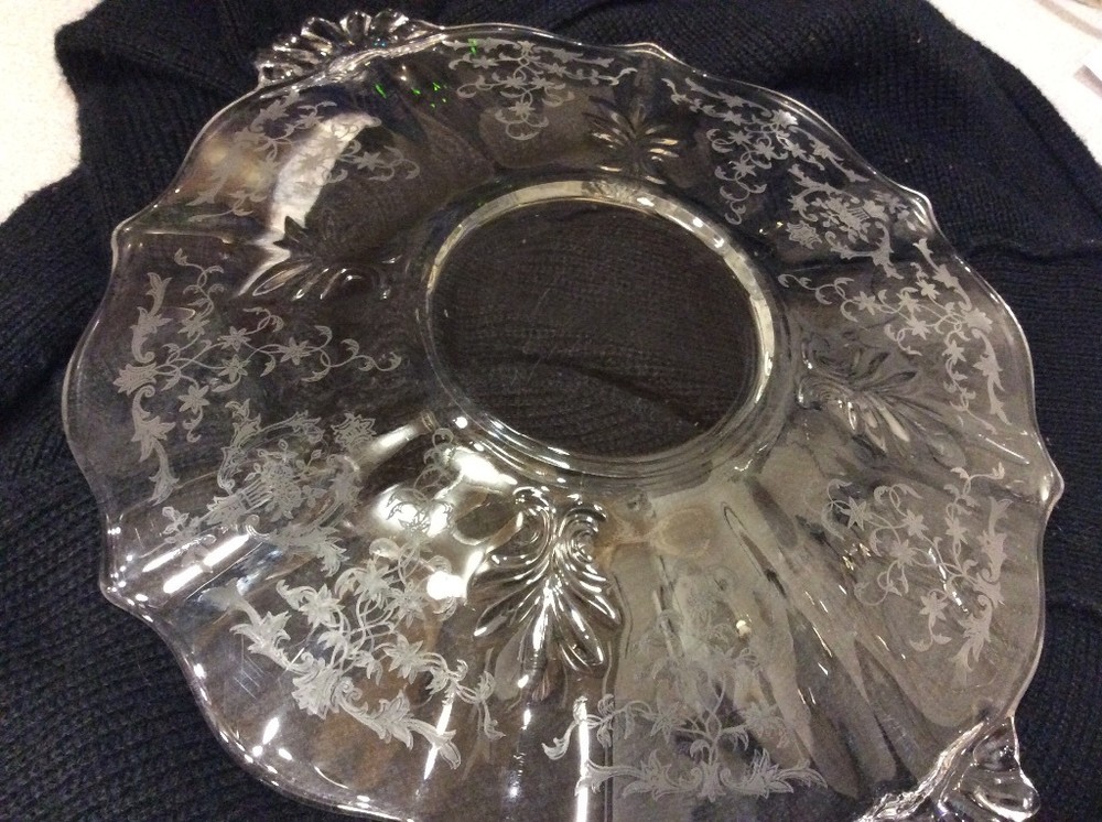 Clear Etched Depression Glass Handle Cake Platter Pre-Owned