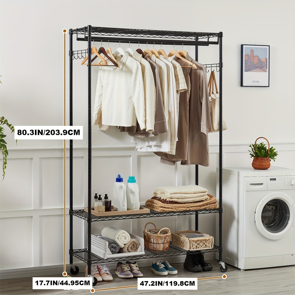 Multi-Functional Double Rods Clothes Garments Rack for Bedroom, Sturdy Metal