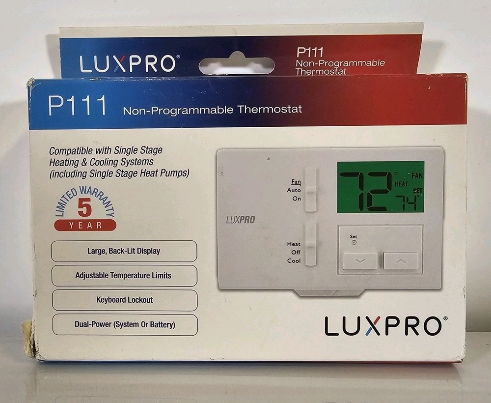 LuxPro P111 Non-Programmable Thermostat Heat Cool Single Stage LCD