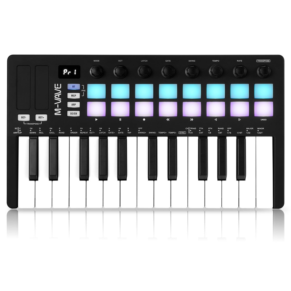 25 Key USB MIDI Keyboard Controller With 16 Backlit Drum Pads, Bluetooth Semi...