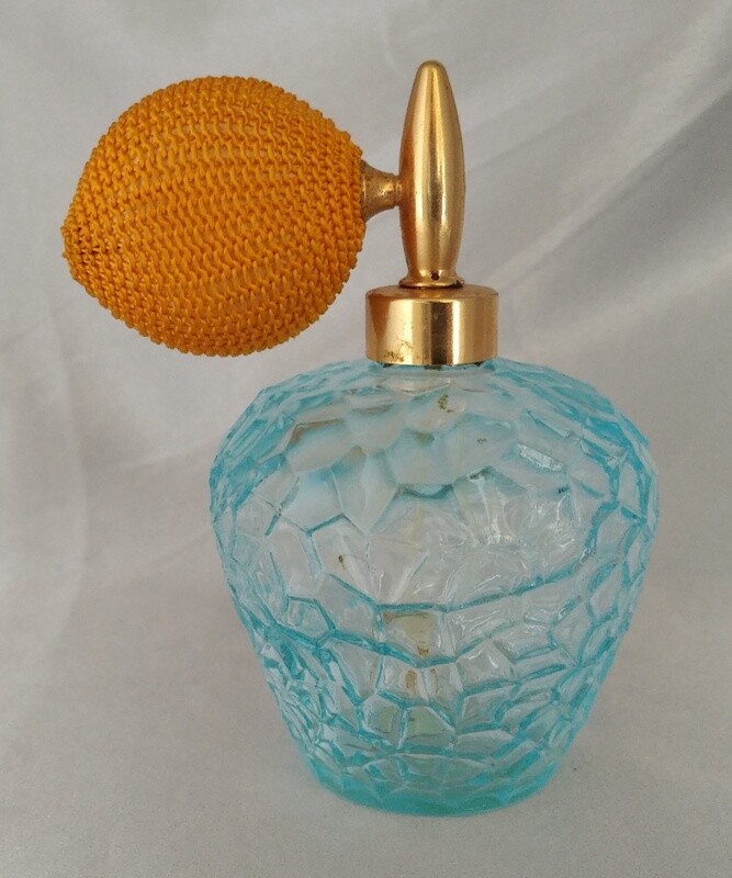 Vintage HOLMSPRAY 800 Small Ice Blue Glass Atomizer Perfume Bottle (empty)