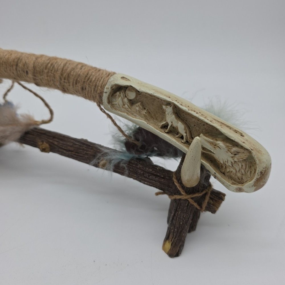 Decorative tribal tomahawk axe primitive bone handle feather display stand