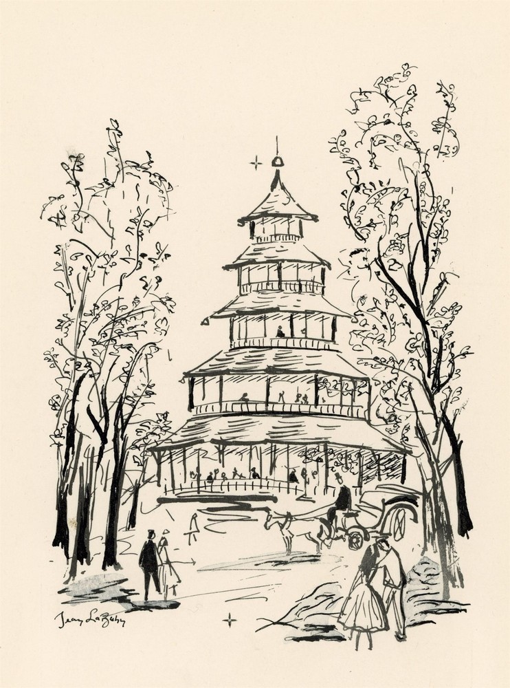 Jean Le Buhn Pavillion Unique Signed Drawing Ink