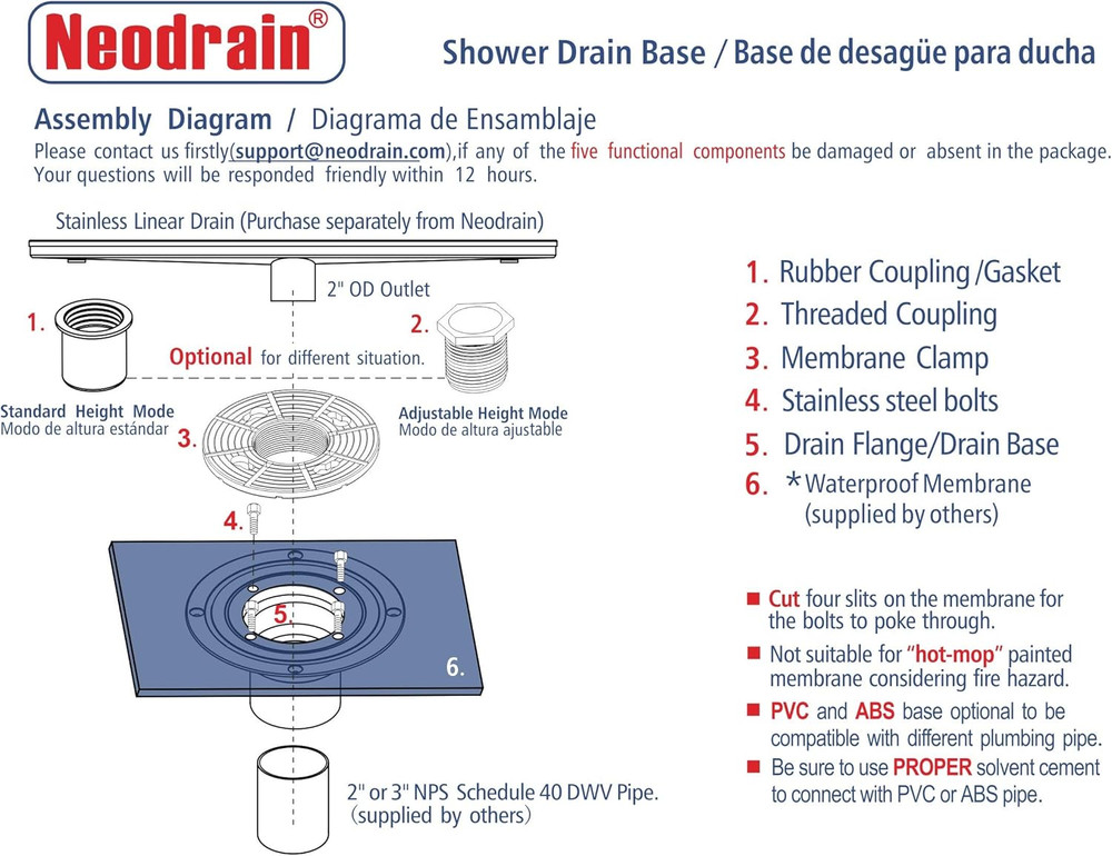 PVC Shower Drain Base Kit Include 2“ PVC Shower Drain Base Flange, Threaded Adju