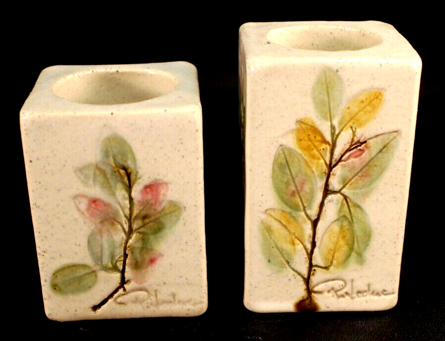 Leaf Impressed 2 Vases / Planters 4" Tall Organic Signed Rectangular EXCELLENT