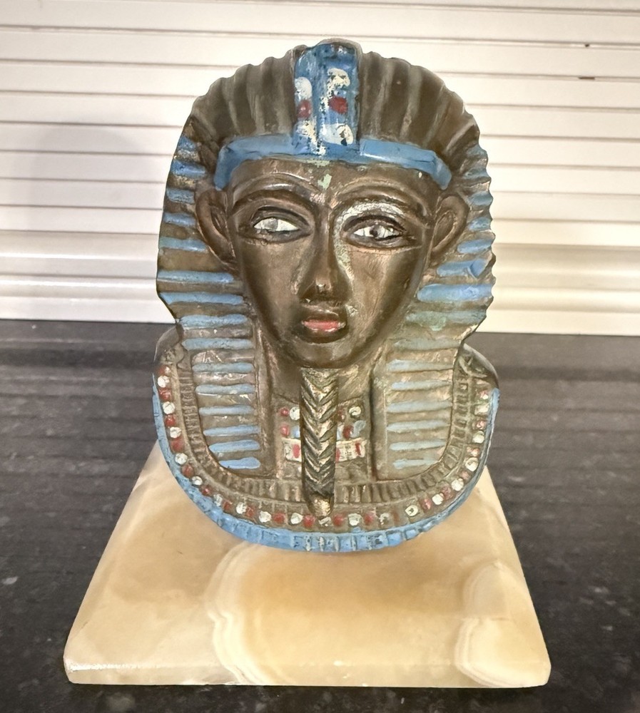 Vintage Brass Egyptian King Tut Bust with Stone Base