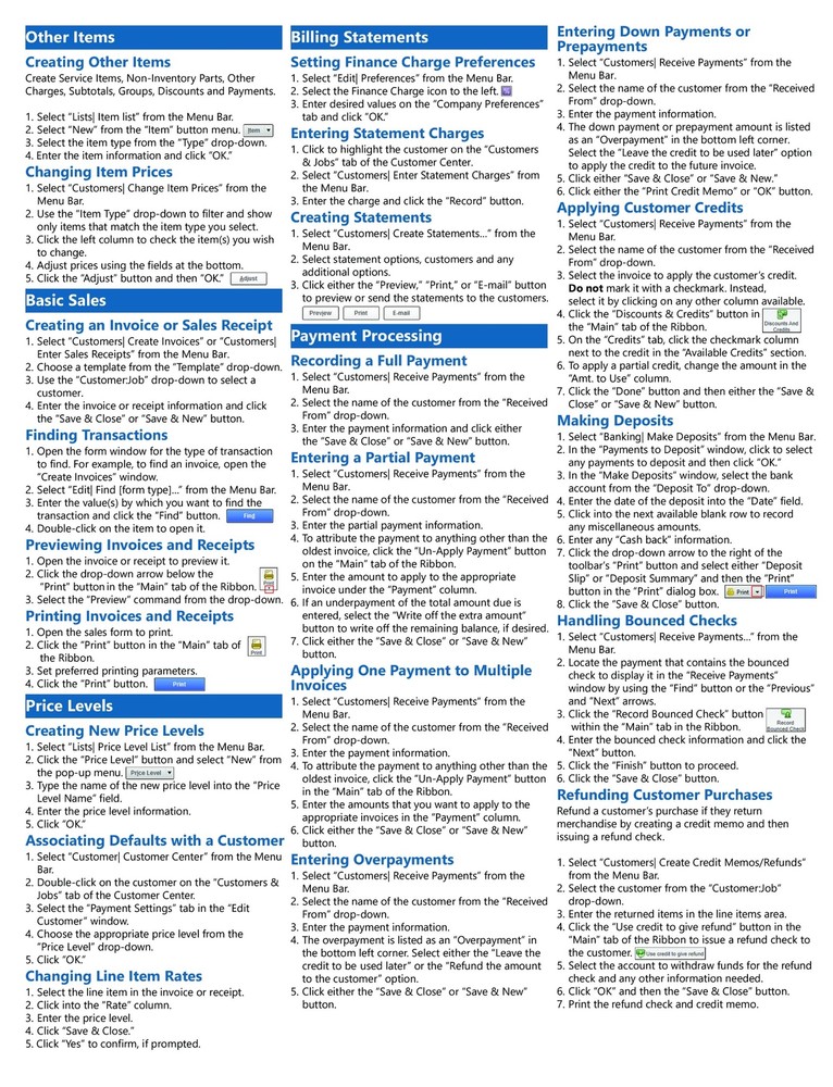 QuickBooks Pro 2021 Training Guide Quick Reference Card 4 Page Cheat Sheet
