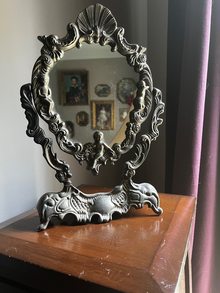 Vintage Mirror Silver Plated Swing Adjustable Vanity Cherubs & Clam Shell