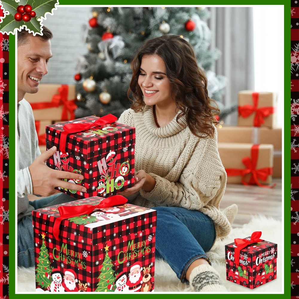 3 Pcs Christmas Nesting Gift Boxes Buffalo Plaid Xmas Stackable Boxes Black R...
