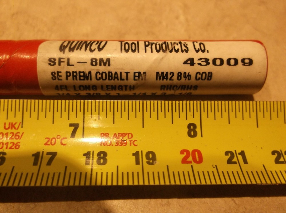 QUINCO 1/4" 4F SQUARE END, SINGLE END M-42 COBALT ENDMILL