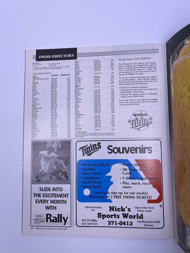Minnesota Twins Baseball May 1988 Rally Magazine Program Publication MLB