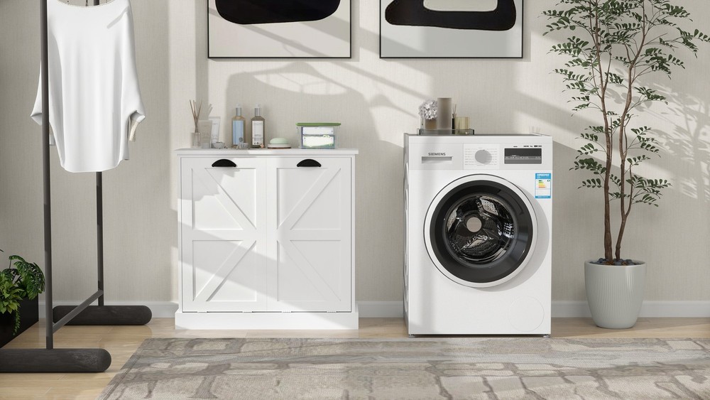 Two-Compartment Tilt-Out Laundry Sorter Cabinet-White