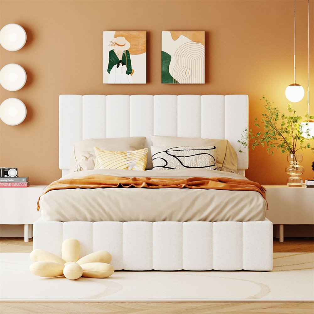 Full Size Upholstered Platform Bed Frame with Hydraulic Storage System White New