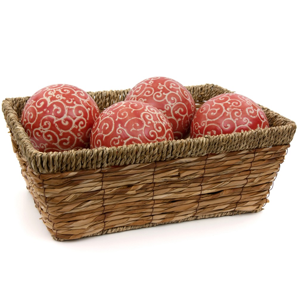 4" Red and Beige Vines Porcelain Ball Set