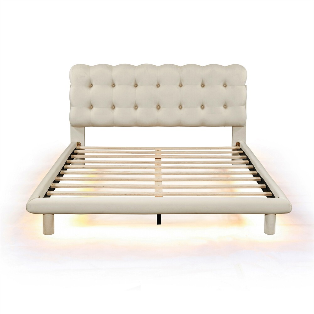 Queen Size Bed Frame Velvet Upholstered Platform Bed Frame w/ LED Lights New