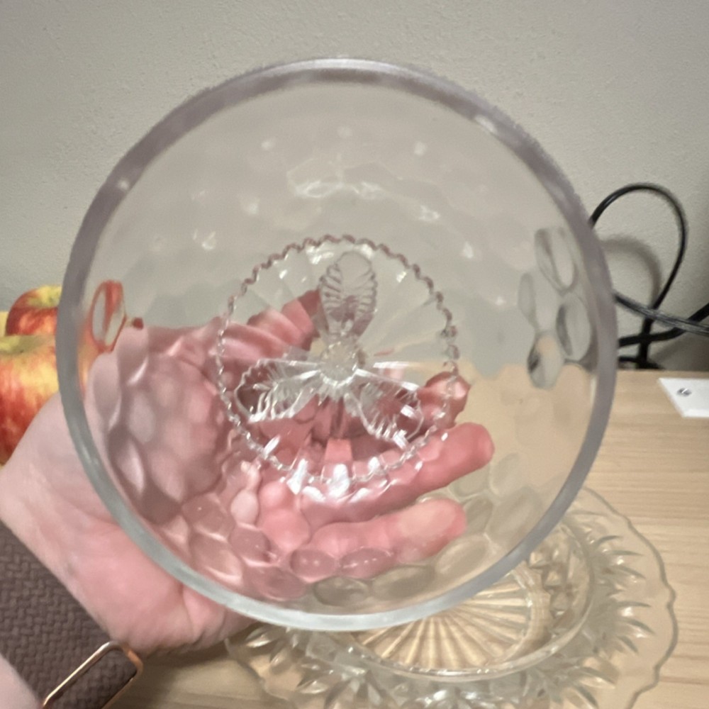 Clear Glass Covered Butter Dish with Honeycomb Geometric Pattern Lid