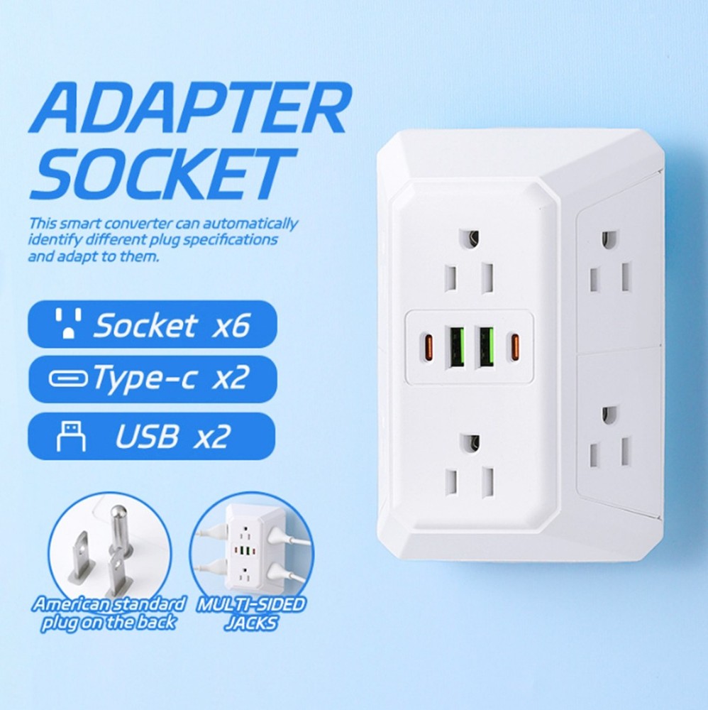 Electrical Wall Socket Outlets Adapters with 6 AC outlets and 4 USB (2 Type C)