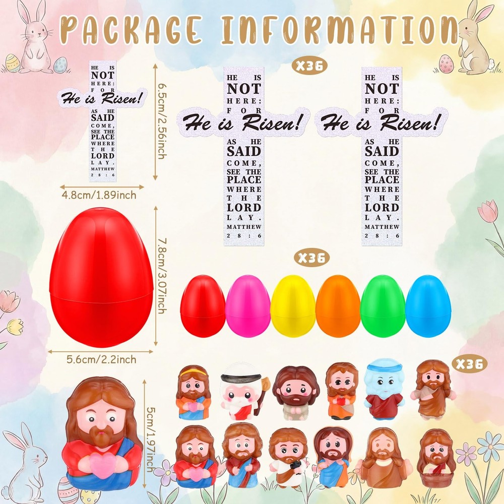 36 Sets Easter Eggs with Little Jesus Squeeze Figures He Is Risen Scripture C...