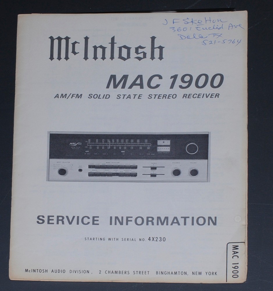 McIntosh MAC 1900 stereo receiver service manual, original