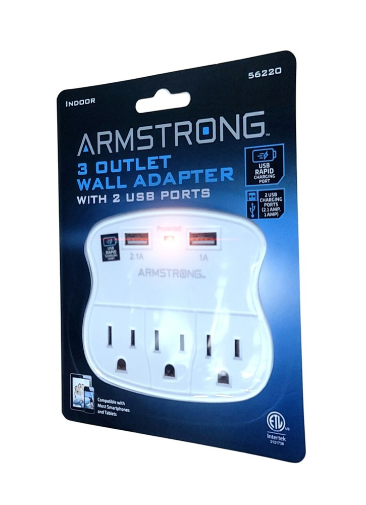 ARMSTRONG 3 Outlet 2 USB Rapid Charging Wall Adapter