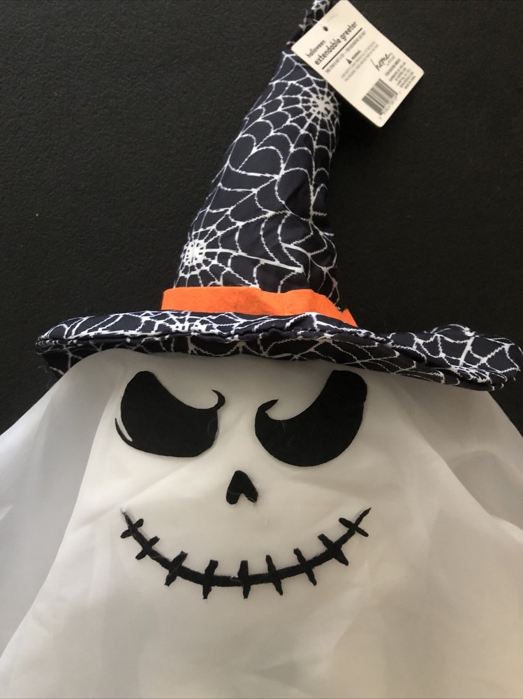Halloween Extendable Greeter - White Skull Face Ghost with Witch Hat (32", NEW)