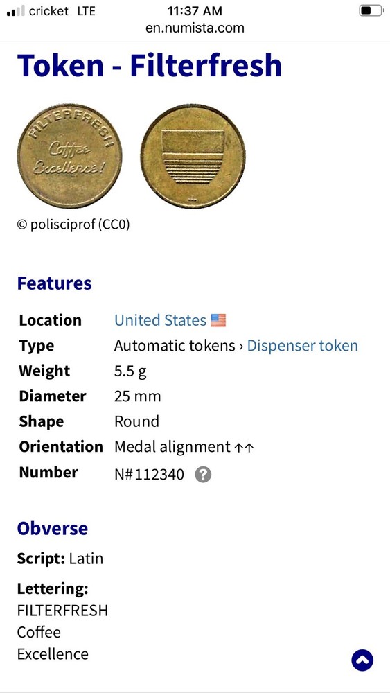 Filterfresh Coffee Excellence! Vending Coin Token 24mm